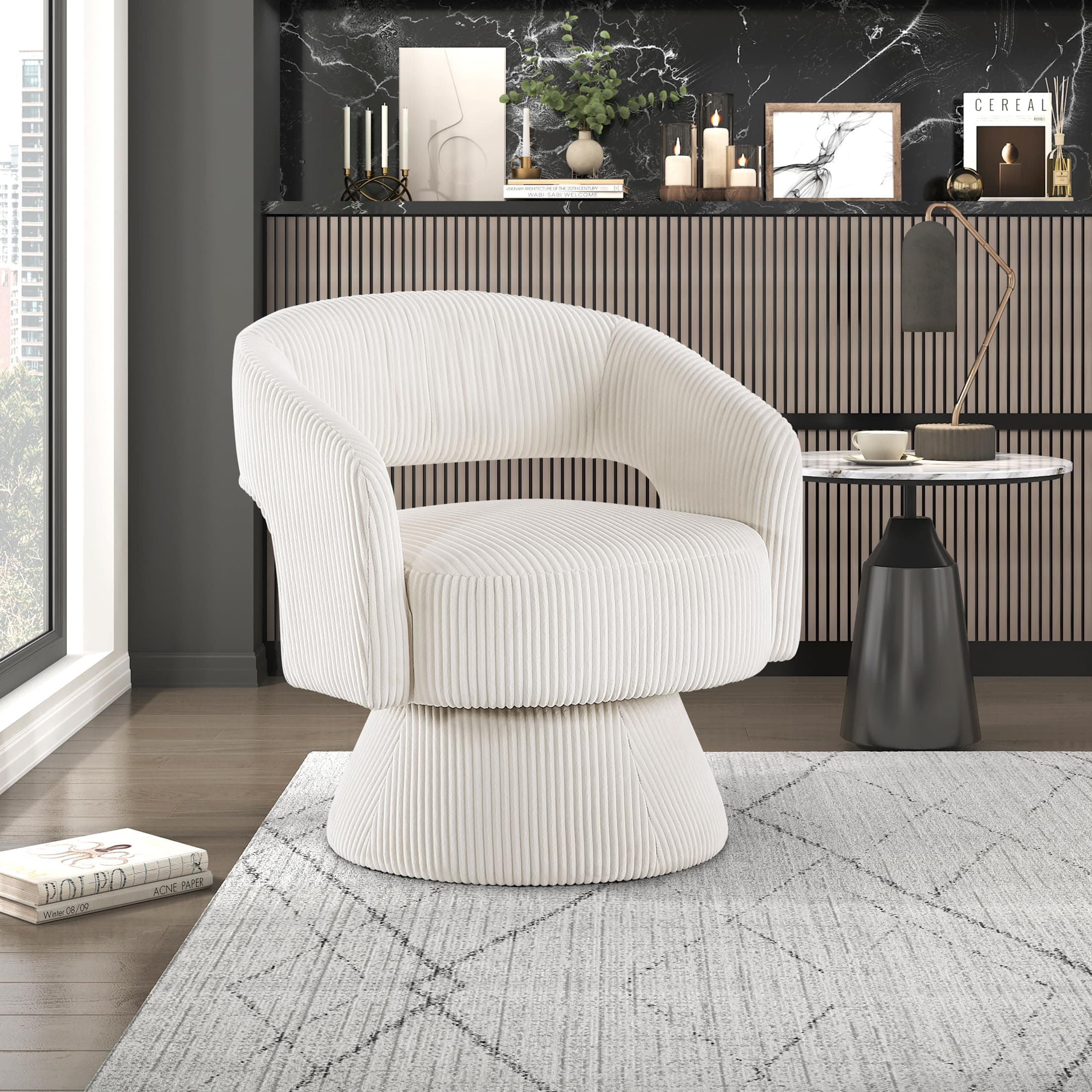 Beige Lexicon 360 Degree Swivel Corduroy Arm Chair for Living Room