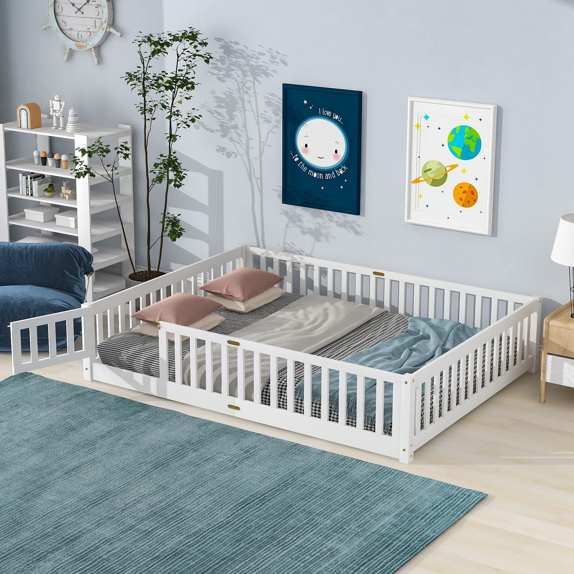Montessori Floor Bed for Kids, White Wood Frame with Fence & Door