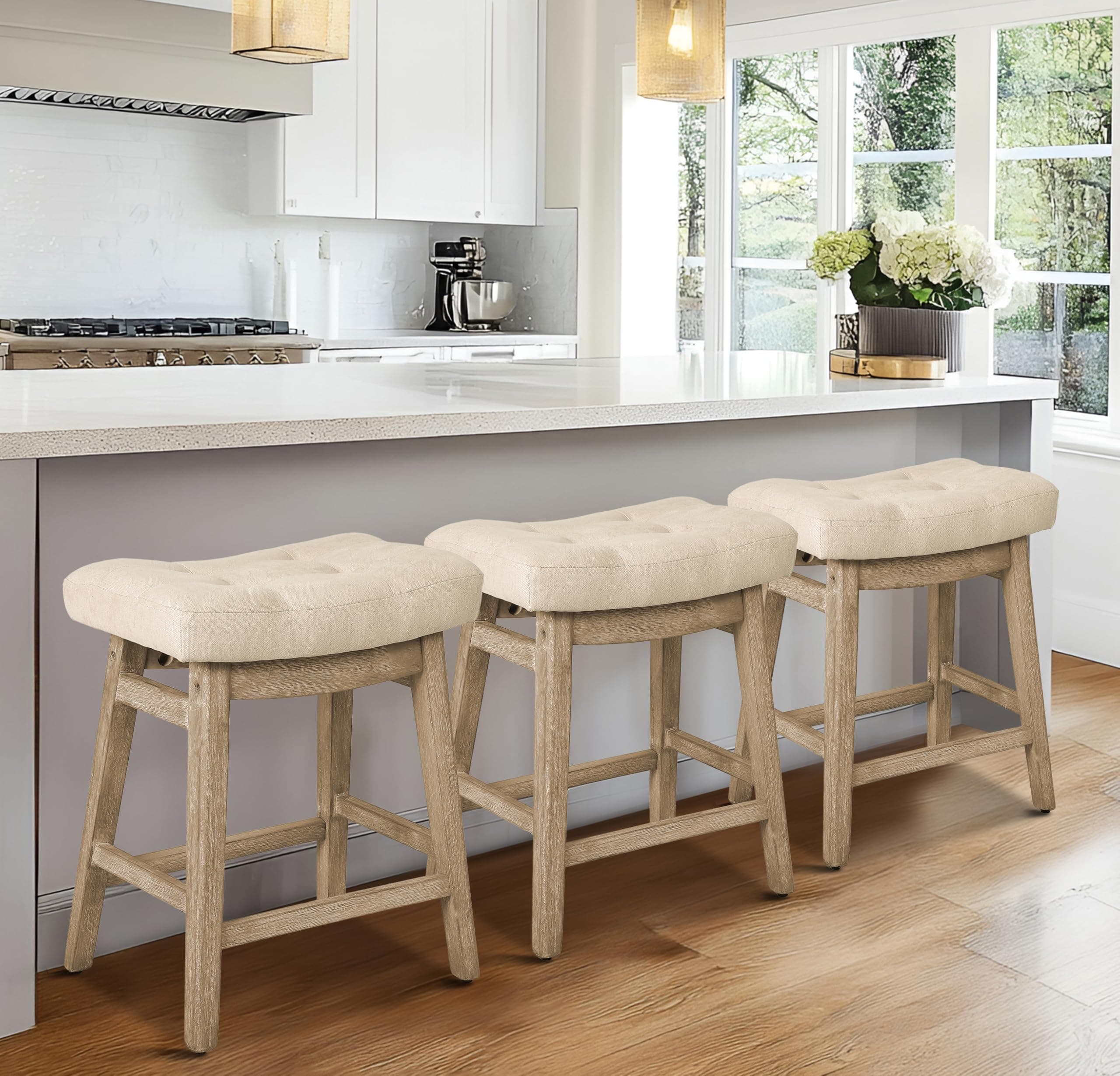3-Piece Khaki & Wood Counter Height Bar Stool Set Modern Farmhouse Kitchen