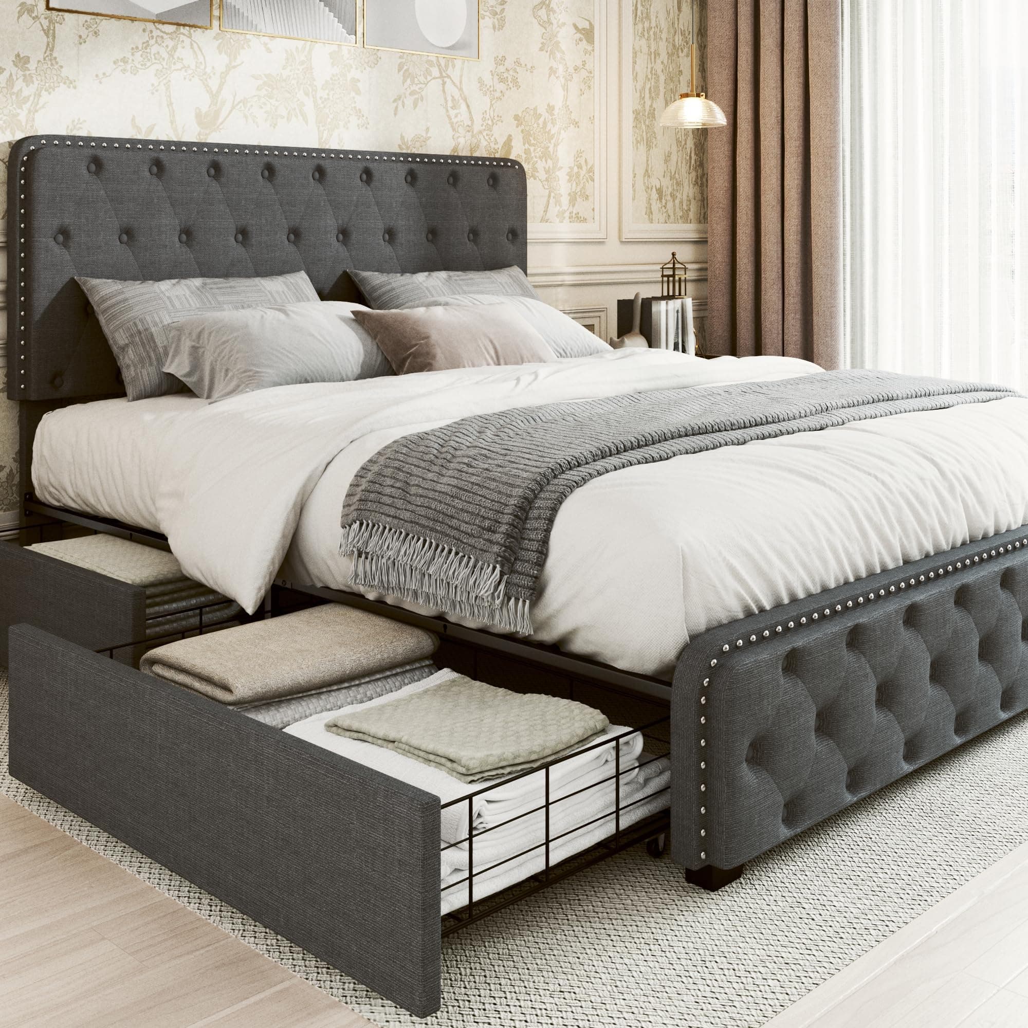 Dark Gray Queen Bed Frame with Storage Drawers and Adjustable Headboard