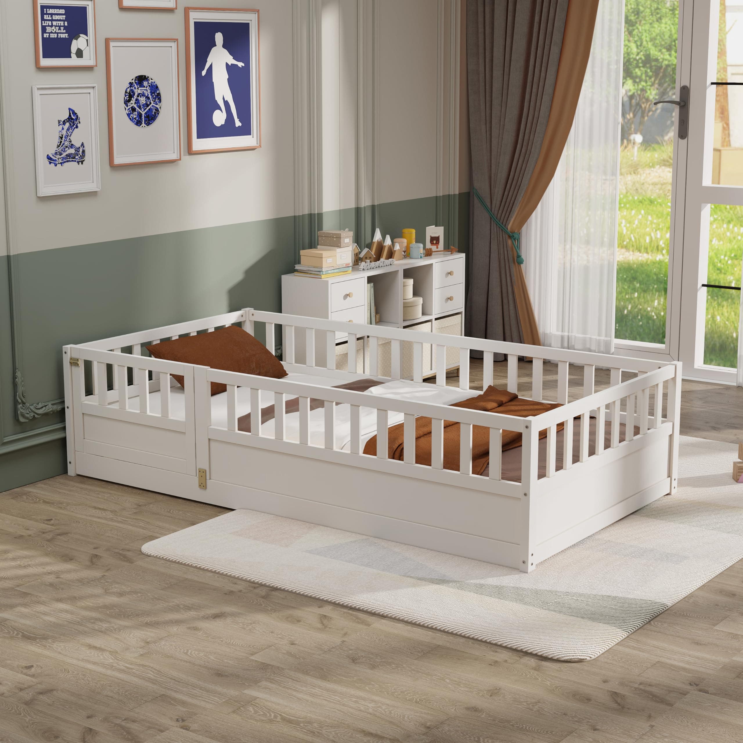 KEIKI Twin Montessori Floor Bed with Fence & Door, White
