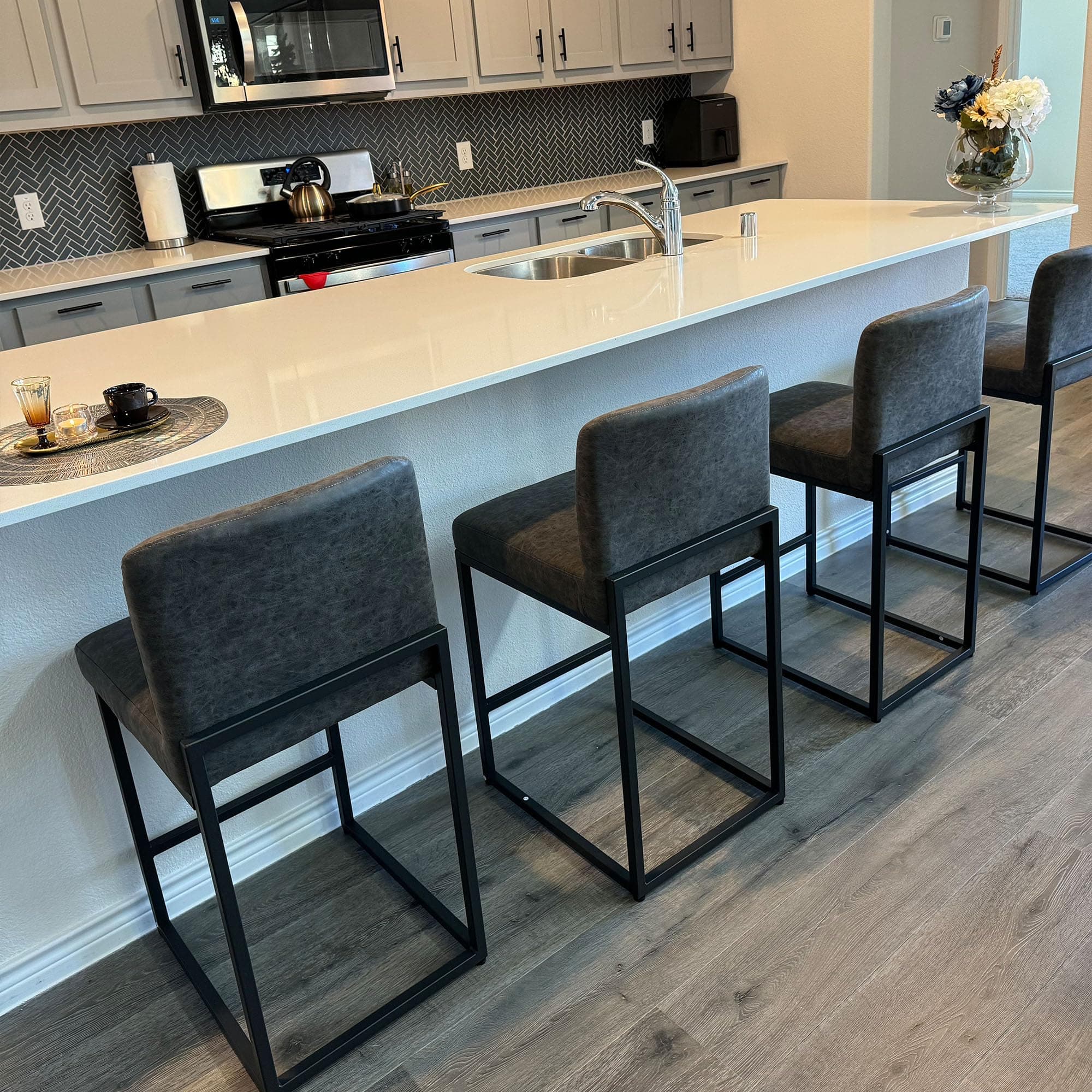 PHI VILLA Grey Counter Height Bar Stool Set of 4 PU Leather Back