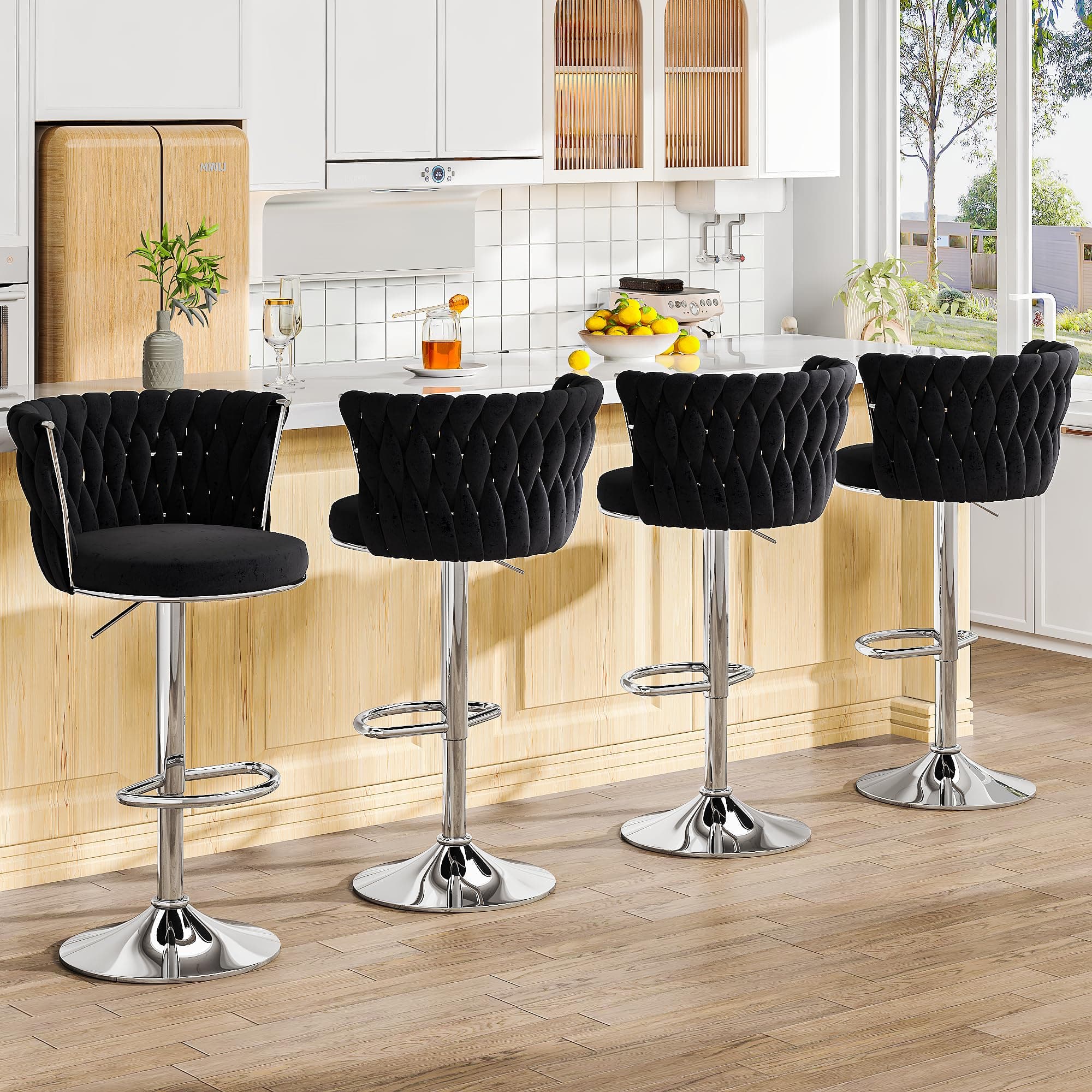 AWQM Black Bar Stool Set, Modern Swivel Velvet Chairs for Bar, Kitchen, and Dining