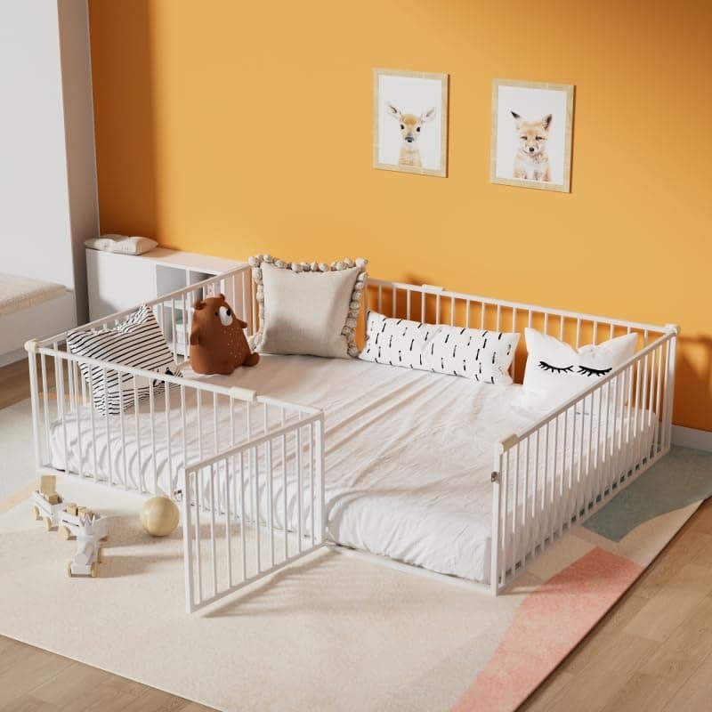 Montessori Metal Floor Bed for Kids with Door & Safety Guards, White