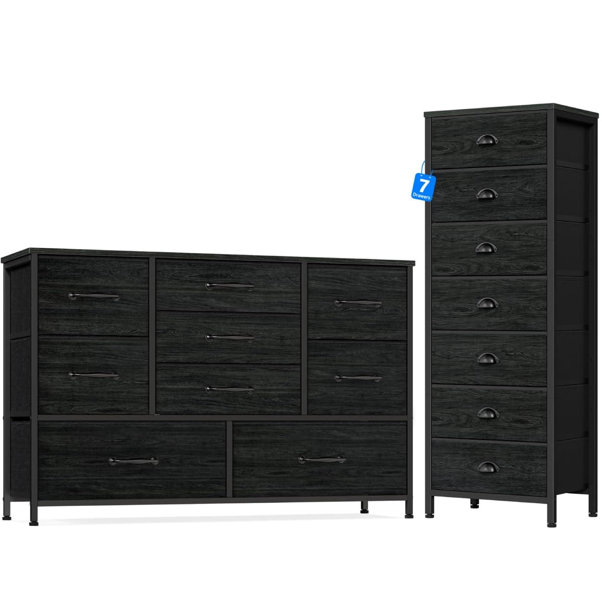 Furnulem Black 7 Drawer & 9Drawer Dresser with FabricBins
