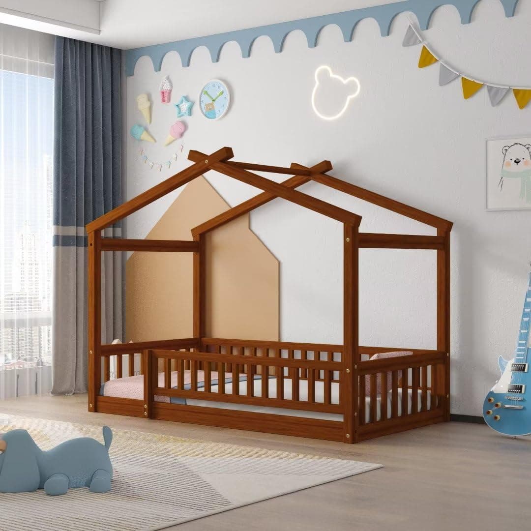 i-POOK Walnut Twin Size Montessori Wood Floor Bed with Fence and Roof