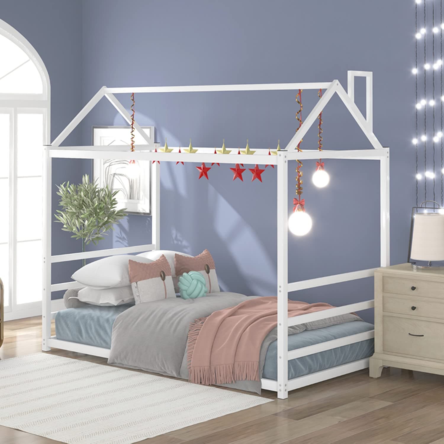 i-POOK White Twin Size House Bed with Roof & Chimney & Storage