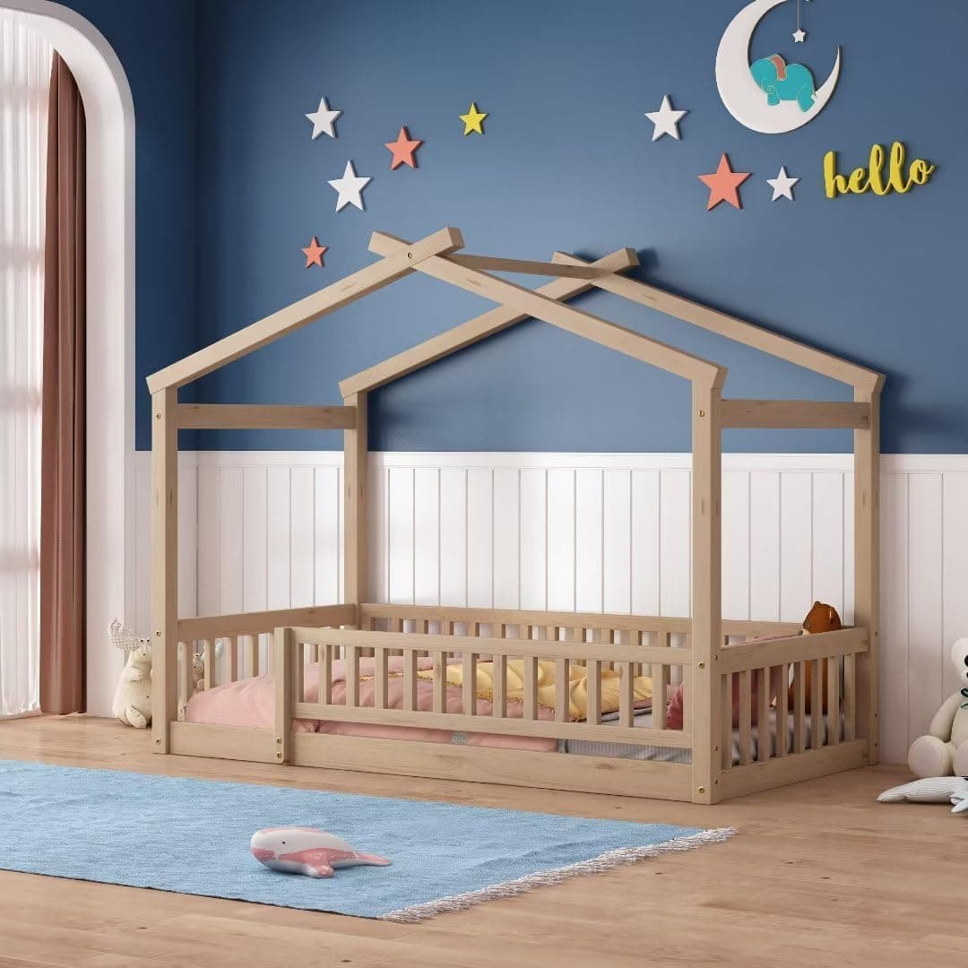 i-POOK Twin Size Montessori Bed Playhouse with Fence and Roof for Kids