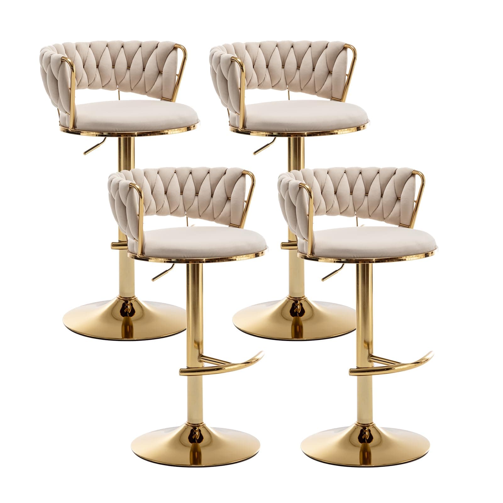 Beige Velvet Gold Bar Stools Set of 4, Counter Height, Low Back, Adjustable & Swivel