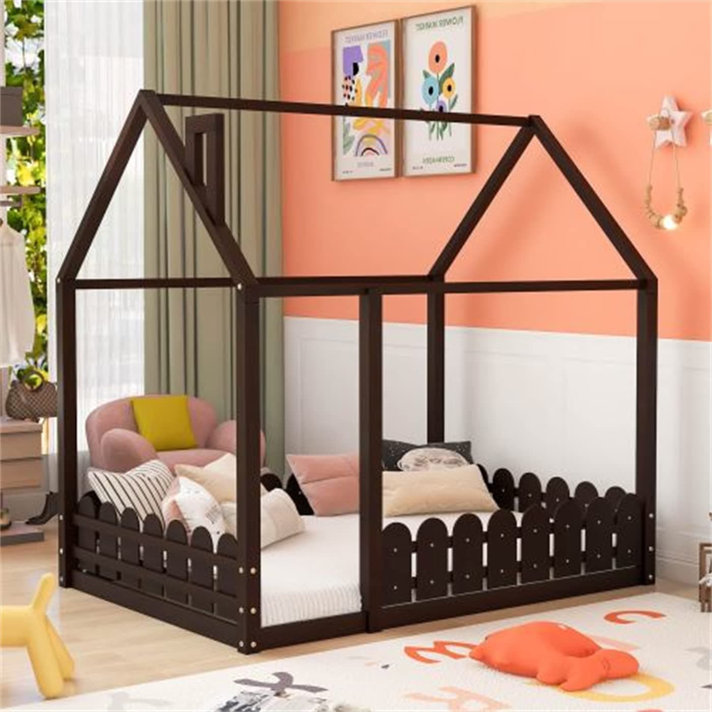 Wood House Bed Frame with Fence & Roof for Kids and Teens, Full Size Floor Bed with Guardrail, Espresso