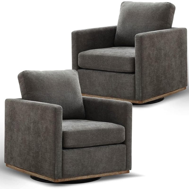 360 Degree Swivel Chenille Accent Chair Set, Mid Century Modern Charcoal Black Barrel Chairs for Living Room & Bedroom