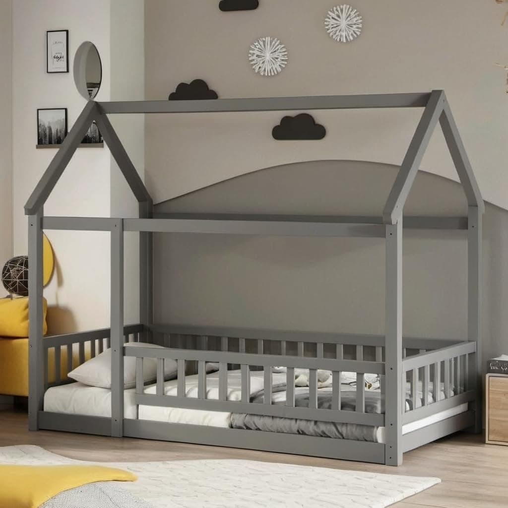 Gray Twin Montessori Floor Bed with Roof & Fence, Easy Assemble No Box Spring Needed