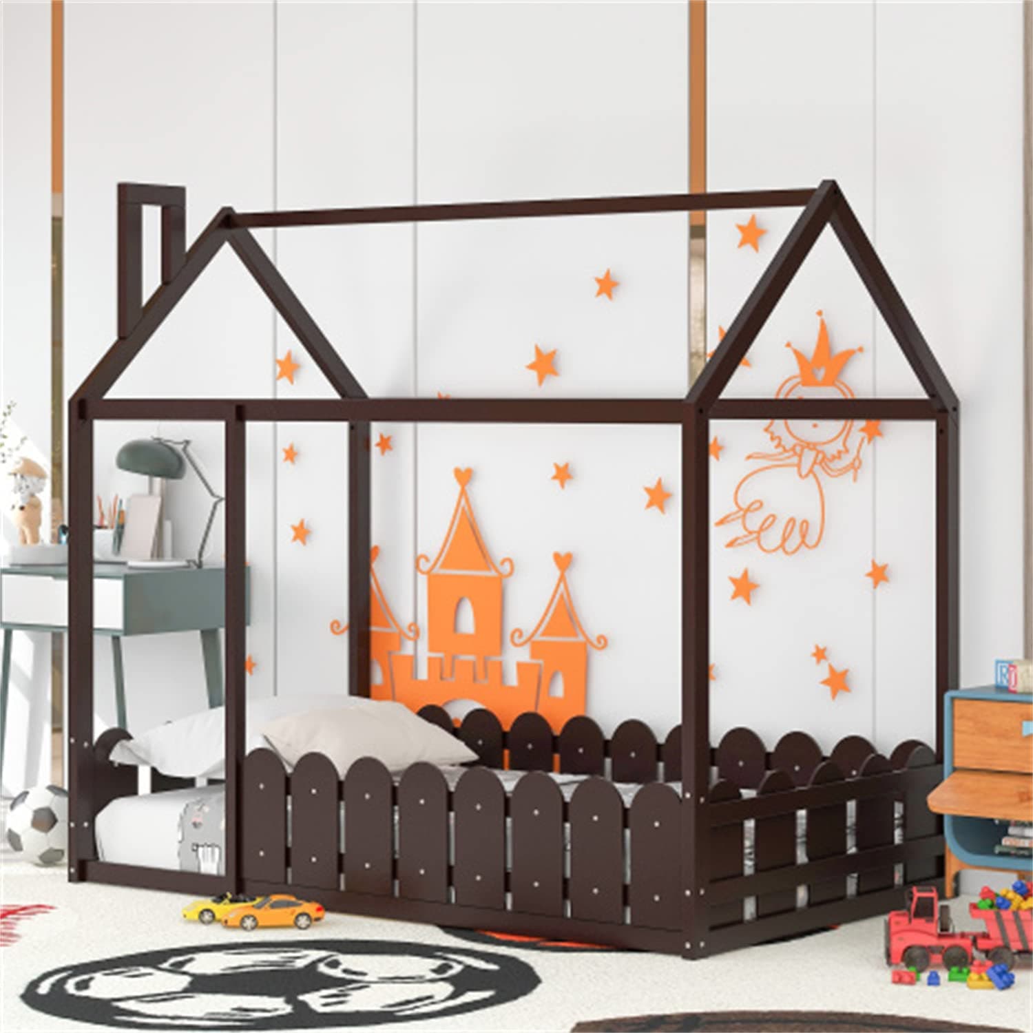 Wood House Bed Frame with Fence, Roof, and Full-Length Guardrail, for Children and Teens