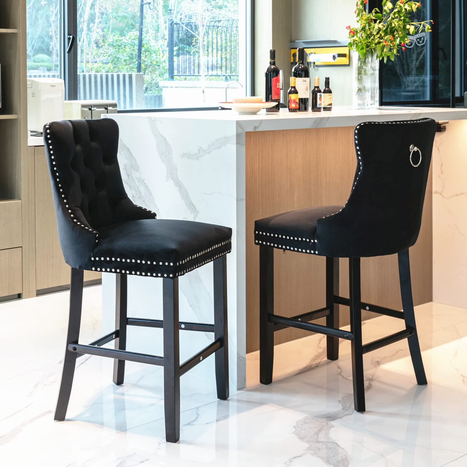 Velvet Counter Height Bar Stools Set of 2, Button Tufted with Nailheads Trim