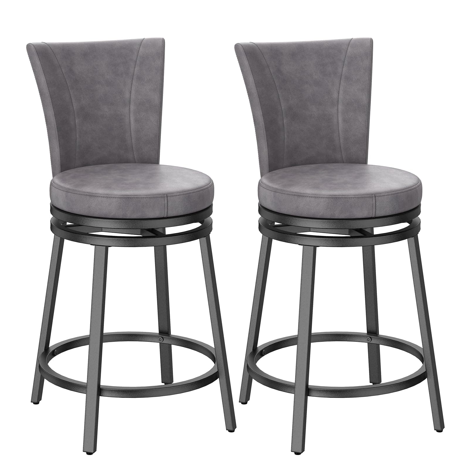 Grey Faux Leather Swivel Bar Stools, 24.5" Metal Counter Height Chairs