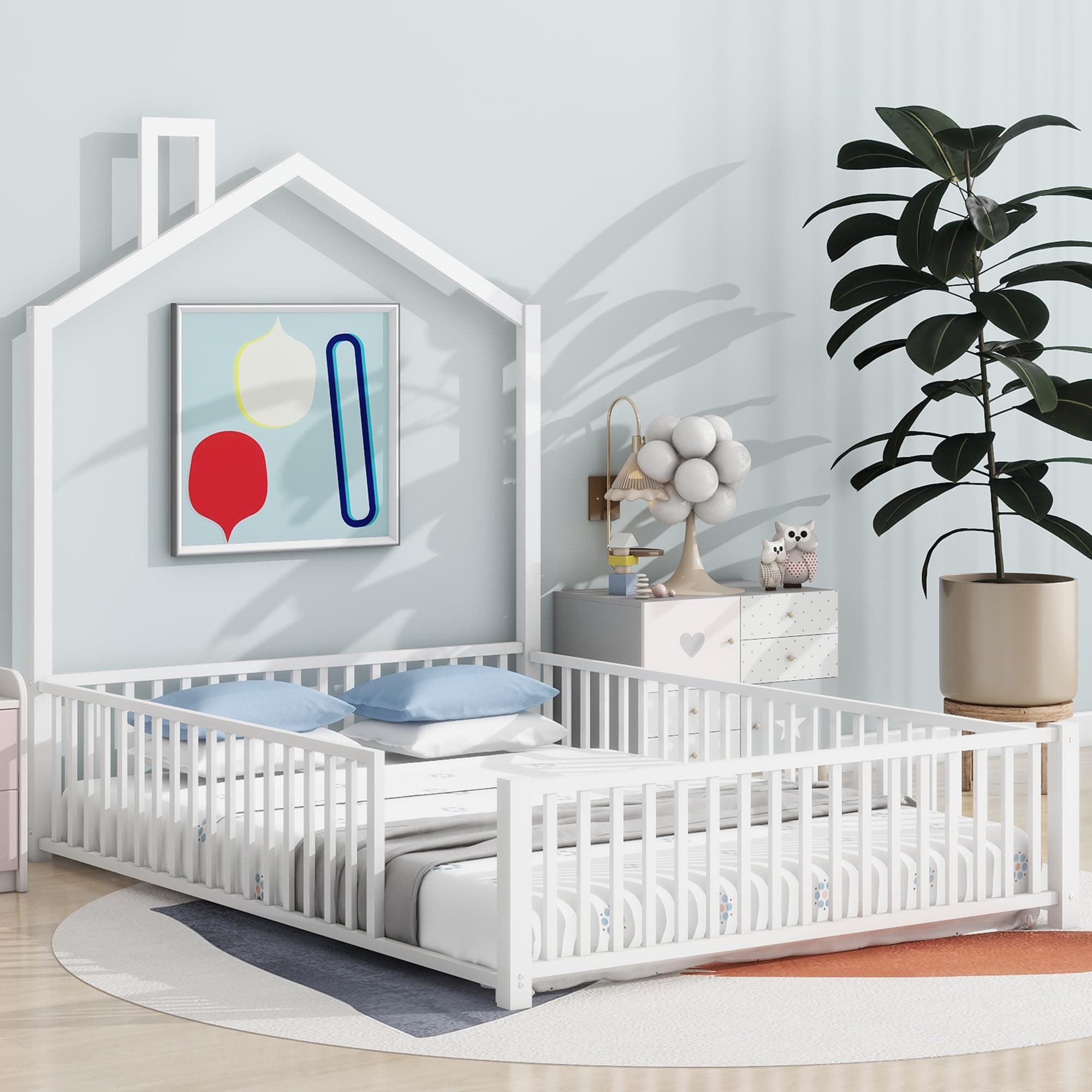 Full Size Metal Montessori Bed with Guardrail, White