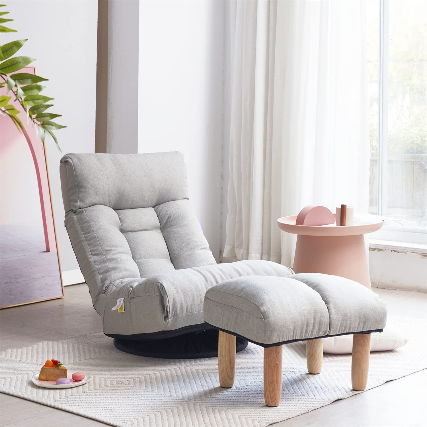 Beige Tufted Linen Swivel Chair with Ottoman and Footrest for Living Room
