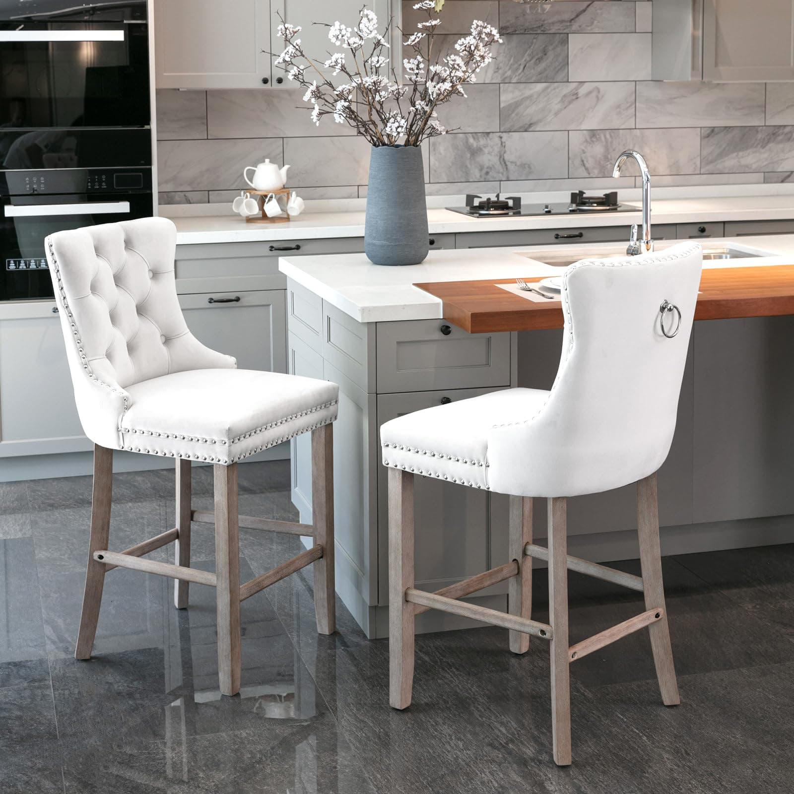Set of 2 i-POOK Velvet Bar Stools with Button Tufting and Solid Wood Legs, White