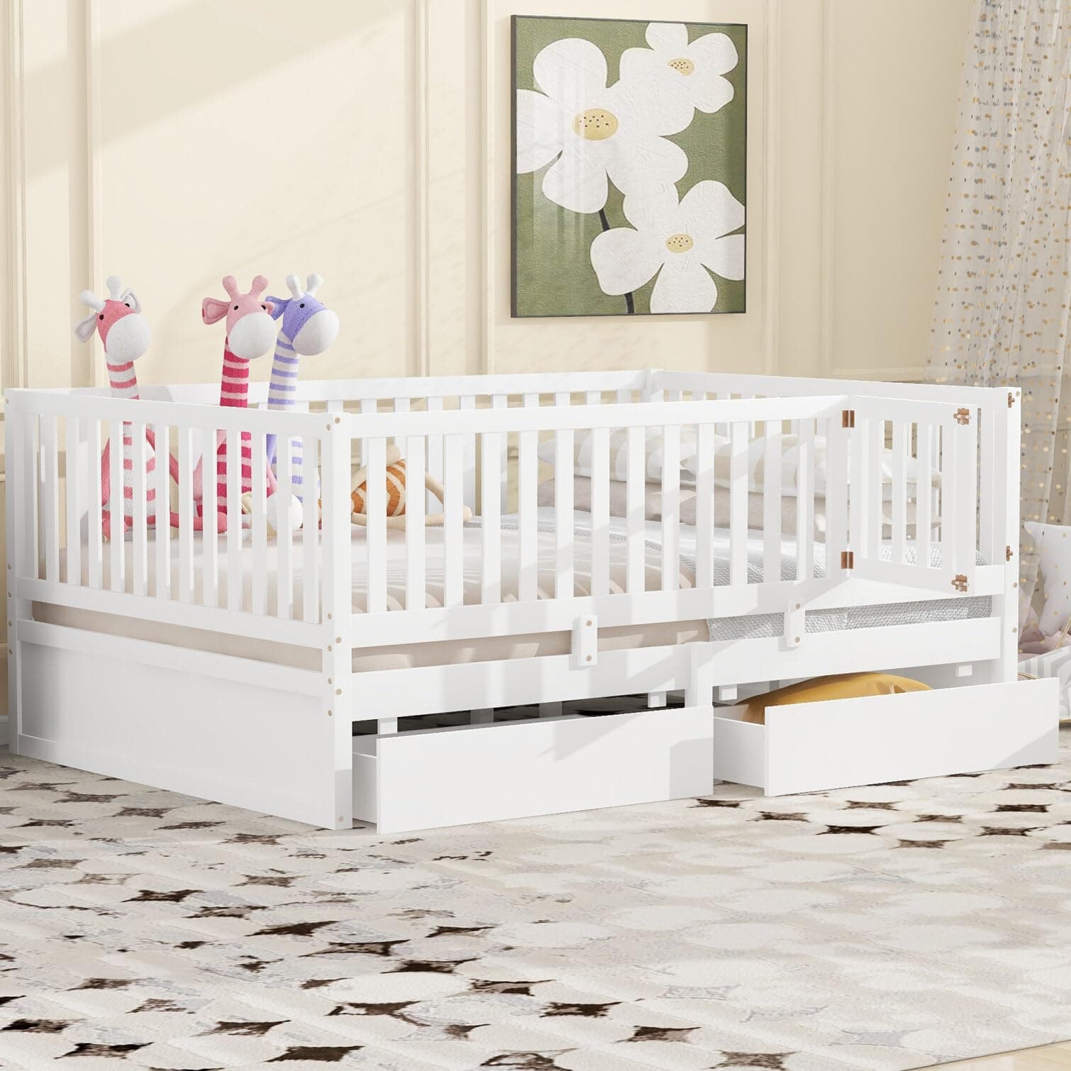 i-POOK Full Size White Wooden Daybed with Drawers & Fence Guardrails
