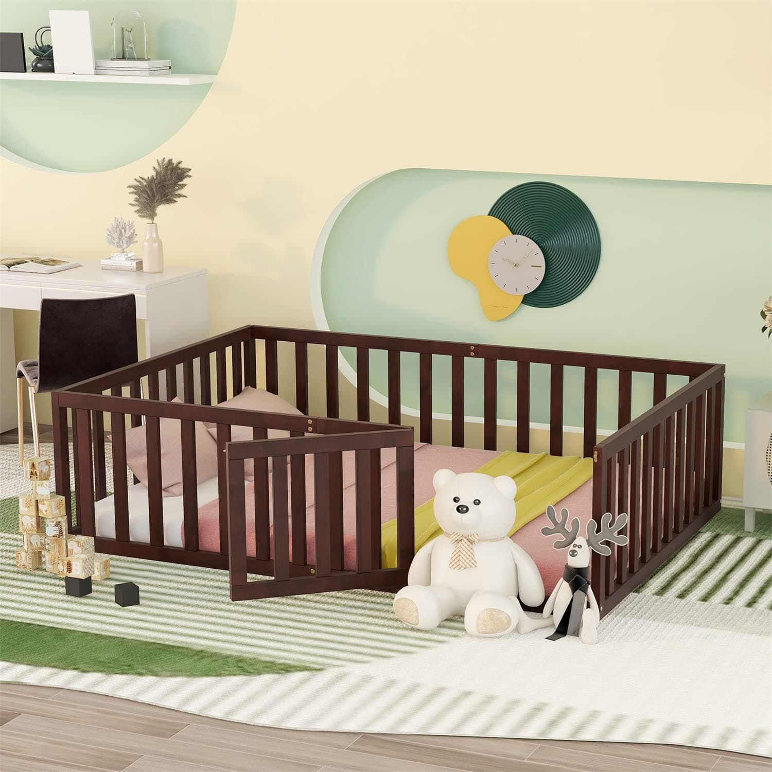 Full Size Montessori Bed Frame with Safety Guardrails and Door, Walnut