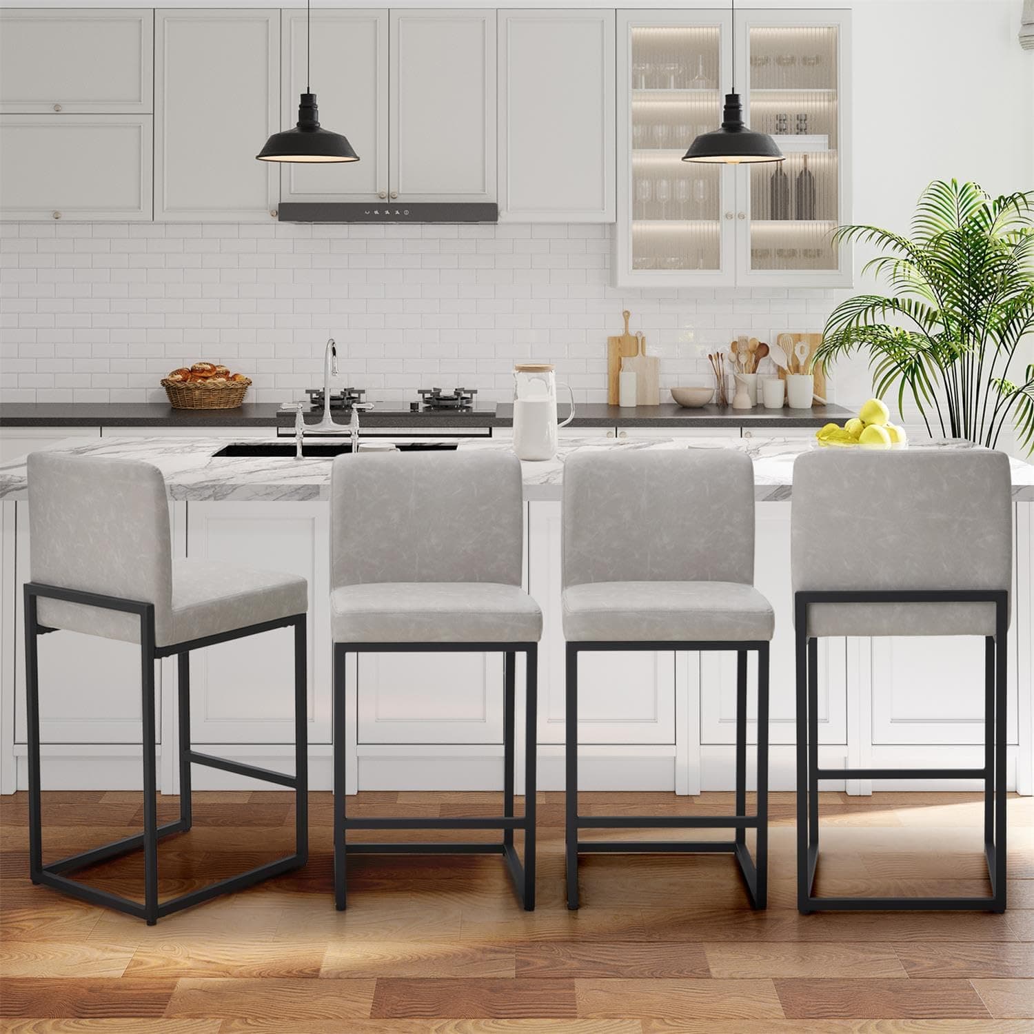 Sophia & William Light Grey PU Bar Stools Set of 4, Modern Counter Height