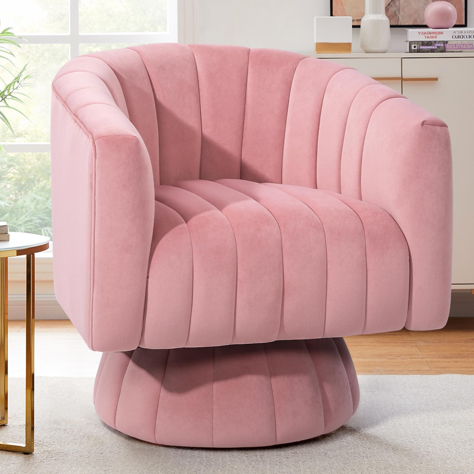 Kromax Mid Century Pink Tufted Velvet Swivel Accent Chair