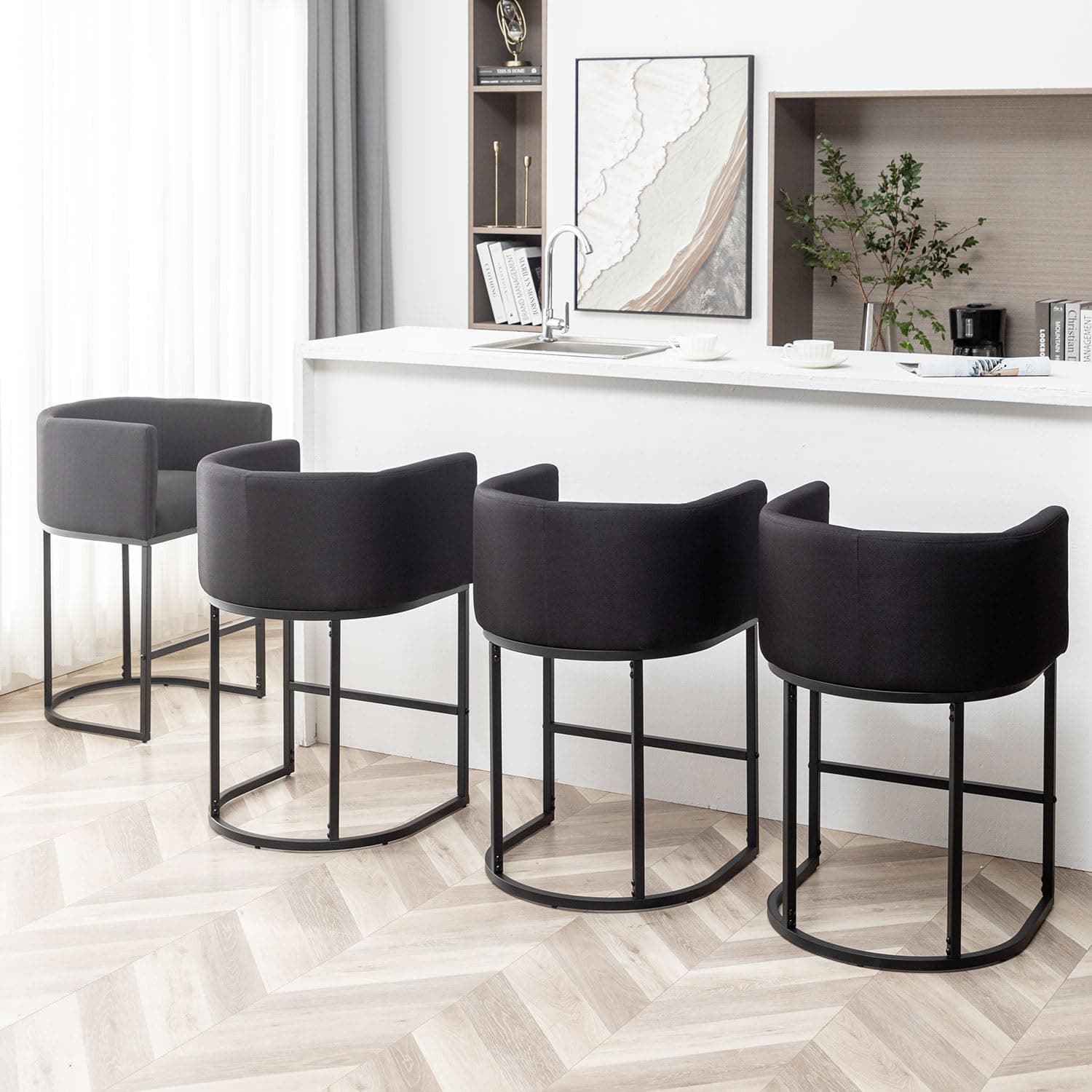 25" Modern Bar Stool Set with Back, Black Metal Frames, Kitchen Island Chairs