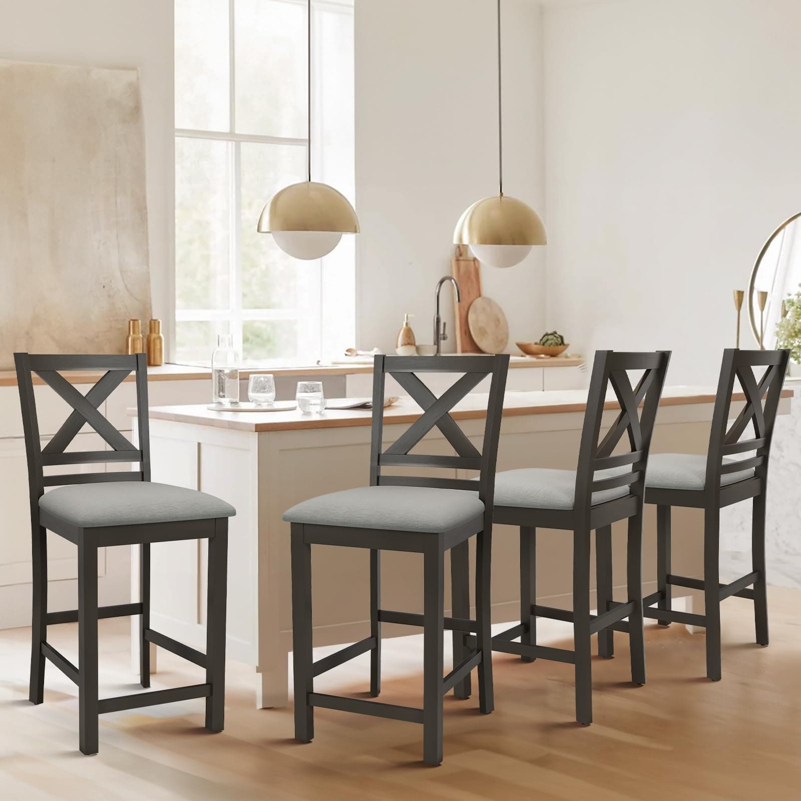 COLAMY Dark Grey Upholstered Mid Century Modern Bar Stools Set of 4, 25 Inch High Counter Height