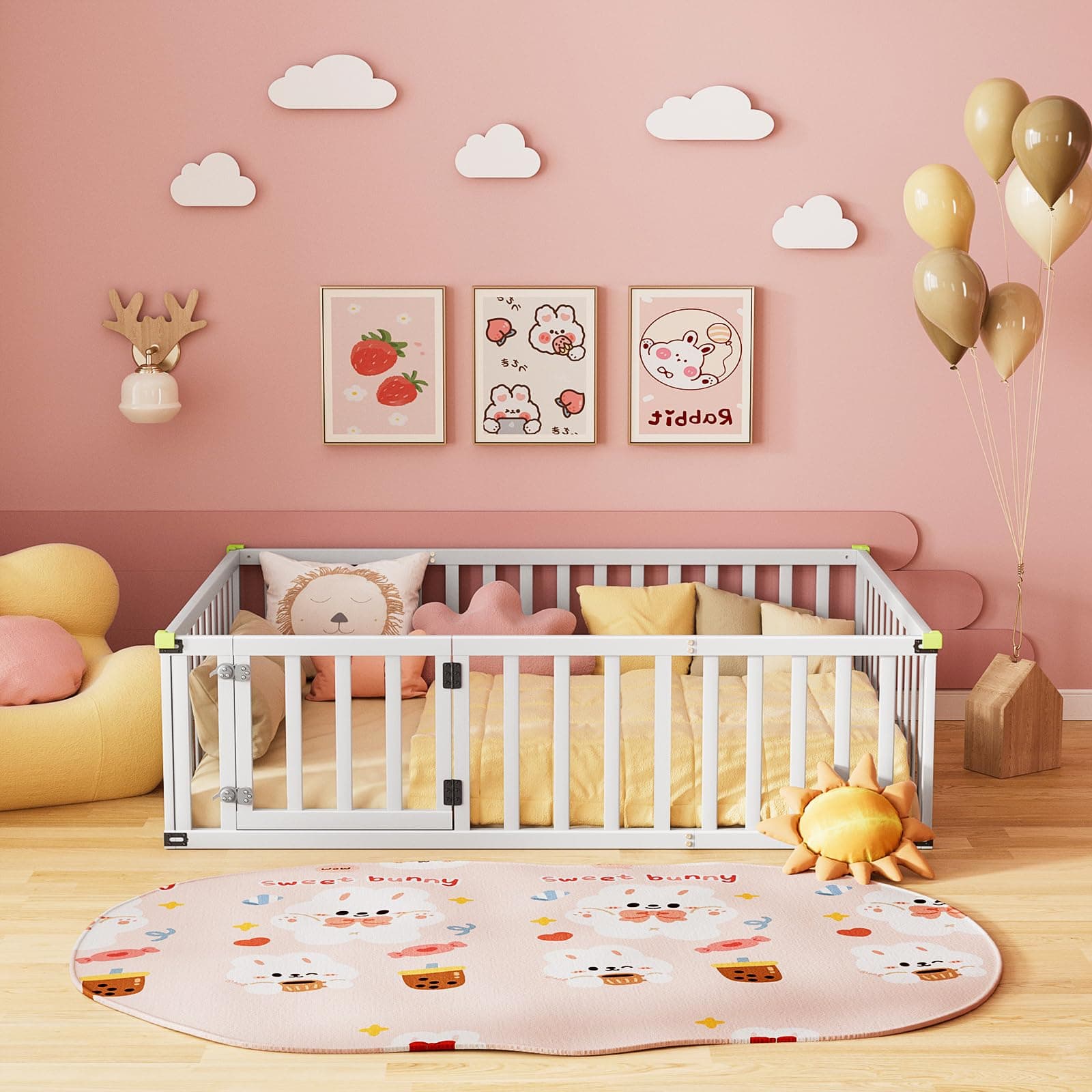 ROOMTEC Full Size Montessori Floor Bed for Kids, White Safety Bed Frame