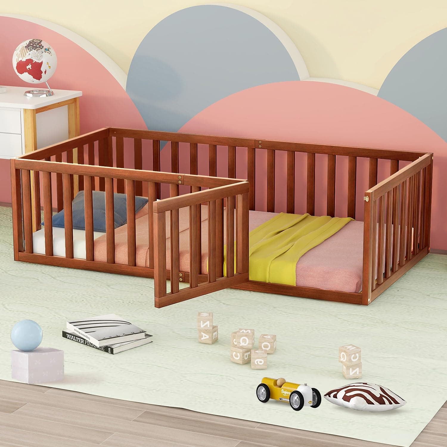 Wood Montessori Floor Bed for Kids, Twin Size with Fence & Door, Walnut