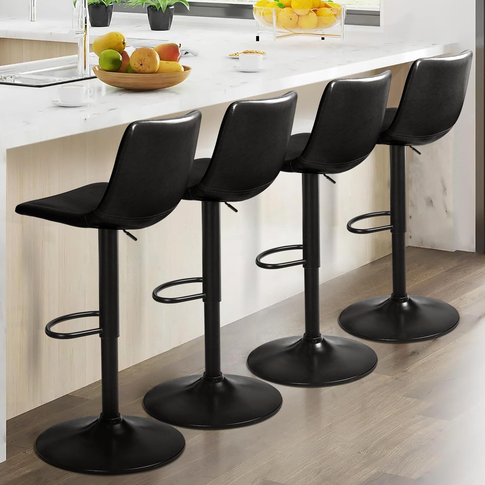 LEMBERI Set of 4 Modern Swivel Bar Stools with Backrest, Adjustable Faux Leather for Kitchen Island (Black)