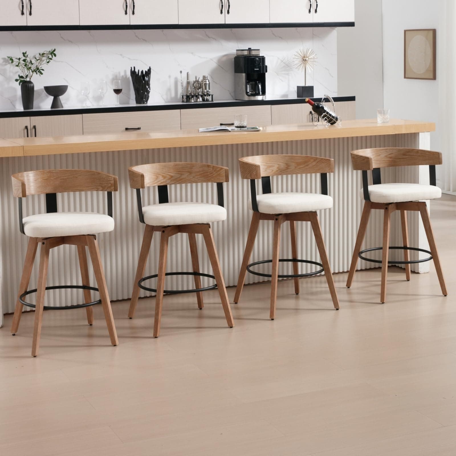 DUOMAY 360-Degree Swivel White Bar Stool Set of 4 - Modern Wood with Footrest