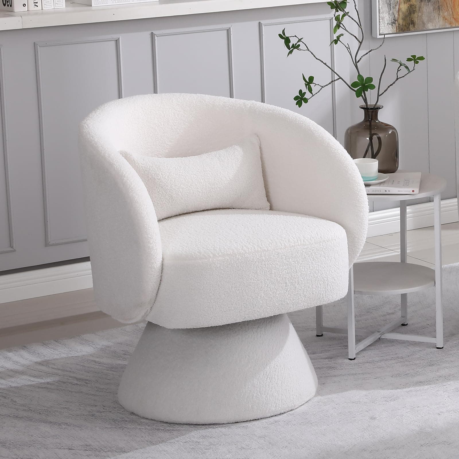 KIVENJAJA Sherpa Teddy 360° Swivel Armchair, White Pillowed Boucle Living Room Chair