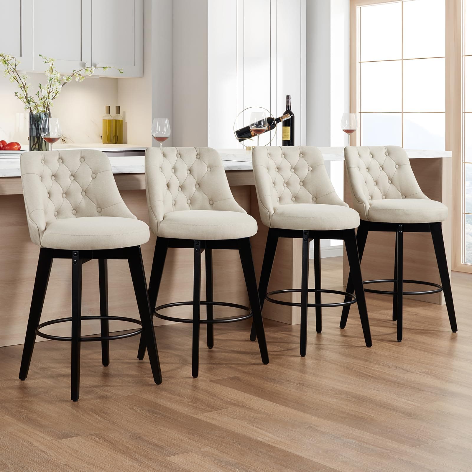 Virabit Linen Beige Counter Height Swivel Bar Stool Set (4, with Back)