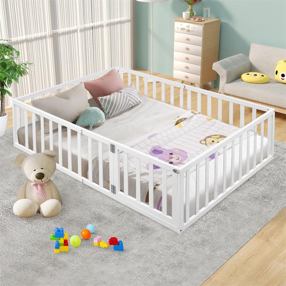 Multifunctional White Montessori Queen Bed with Fence & Door for Kids