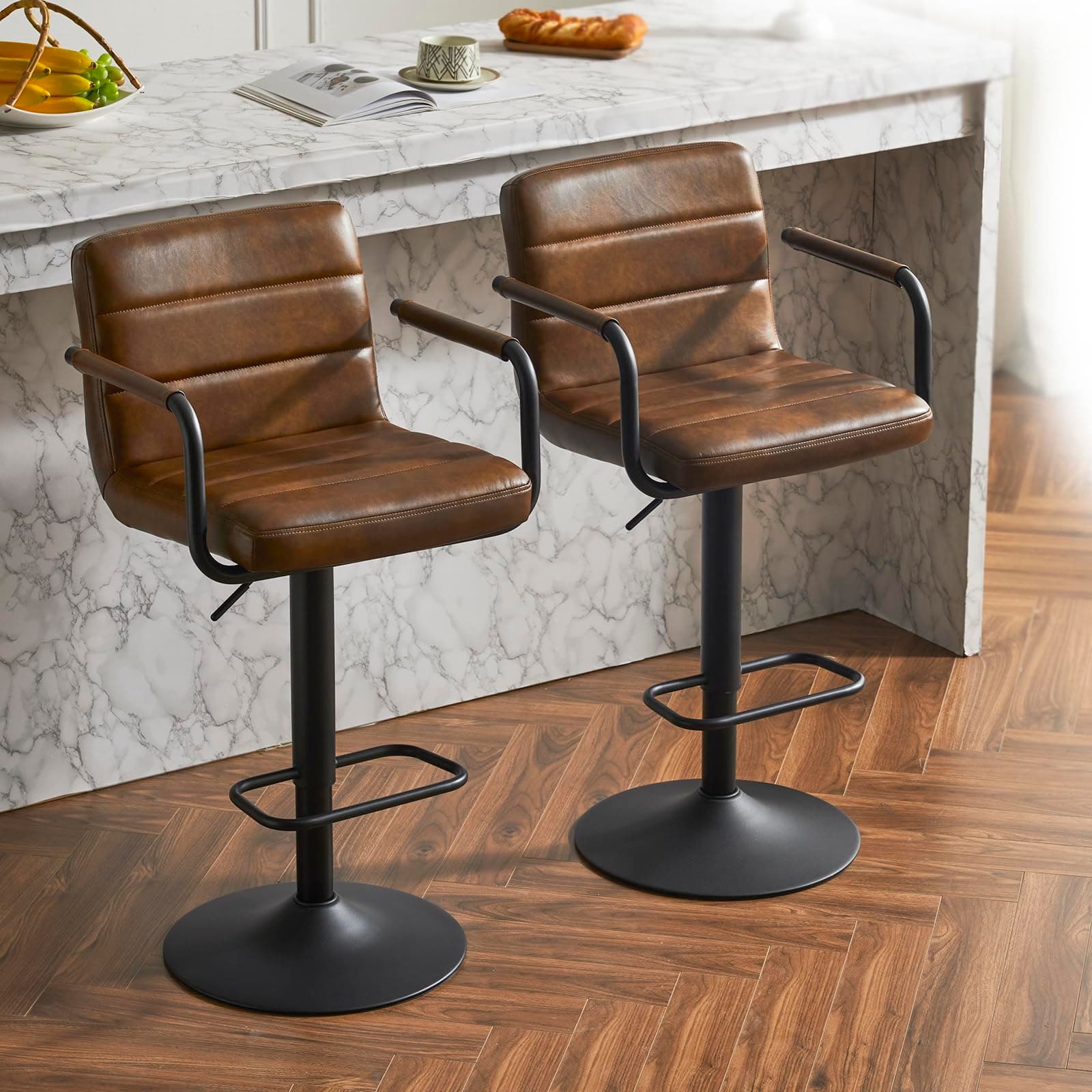 Yellowish Brown PU Leather Bar Stools Set of 2, Adjustable Height Swivel Chairs