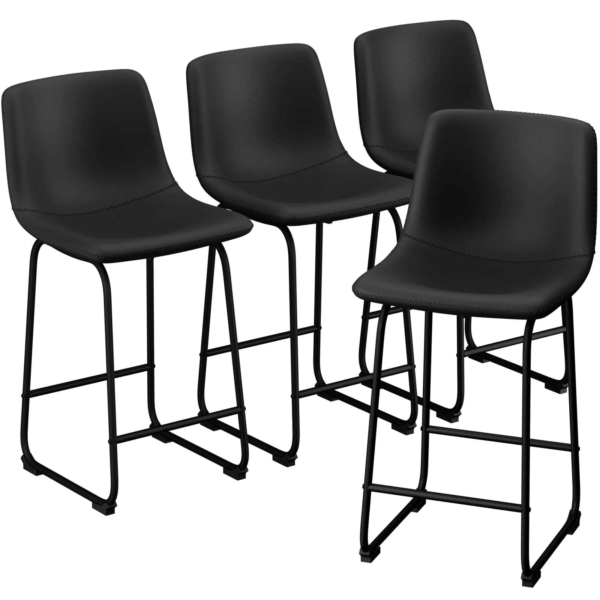 Black Modern 26 Inch Counter Height Bar Stool Set with Faux Leather and Footrest