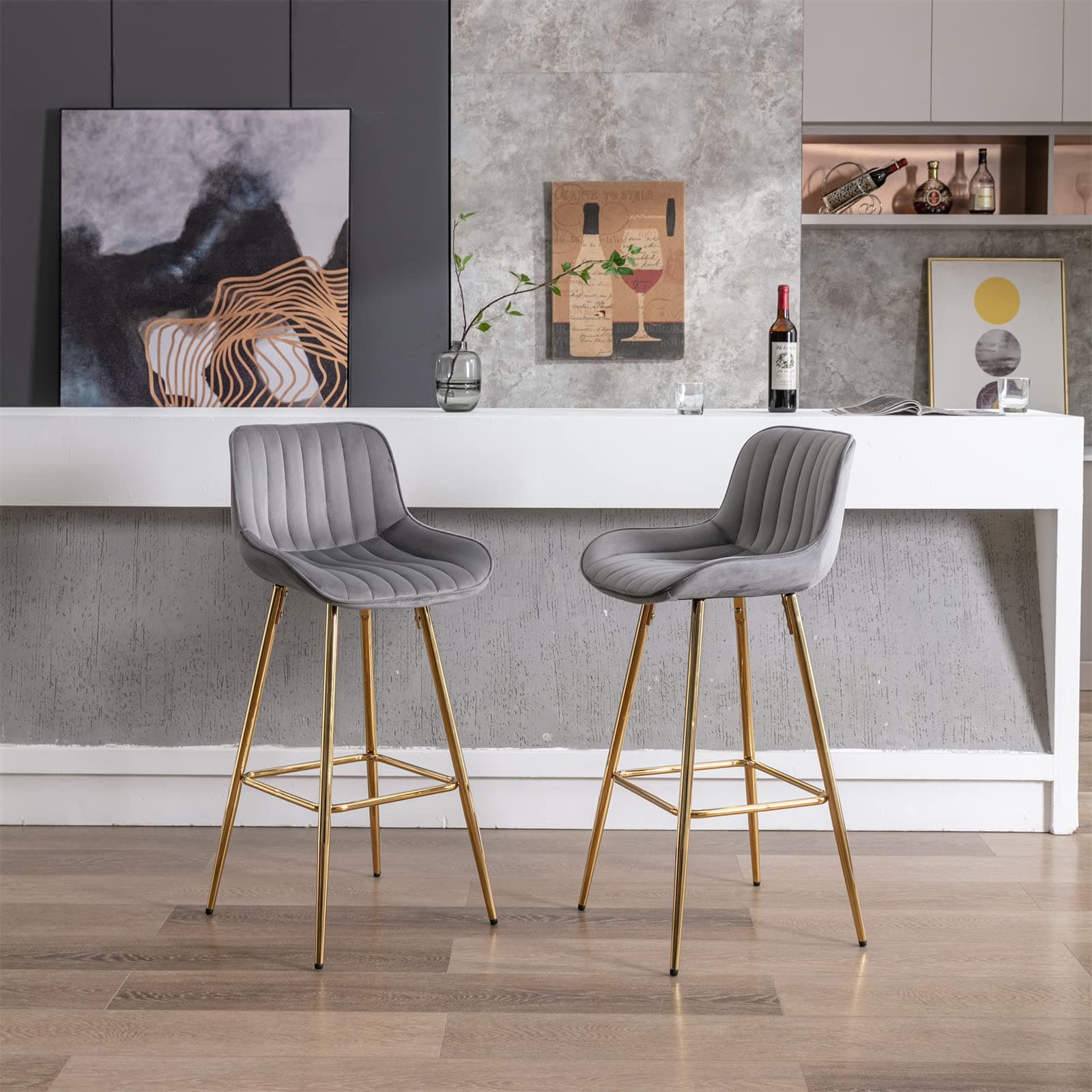Modern Velvet Bar Stools Set with High Back and Footrest, Gray, 2 Pieces