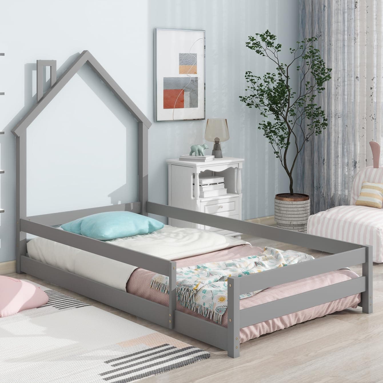 Montessori Twin Floor Bed with House-Shaped Headboard and Fence Guardrails