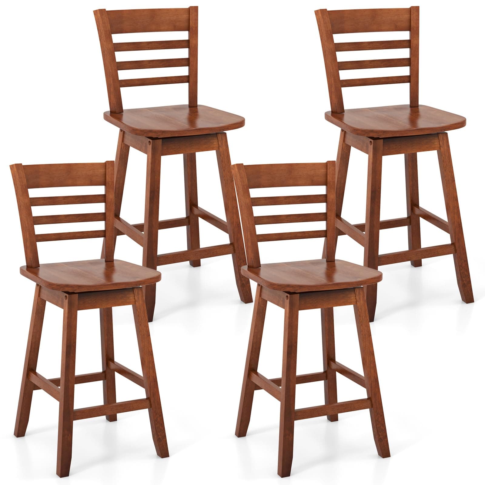 COSTWAY Walnut Counter Height Bar Stool Set with Footrest & Hollow Back (Set of 4)