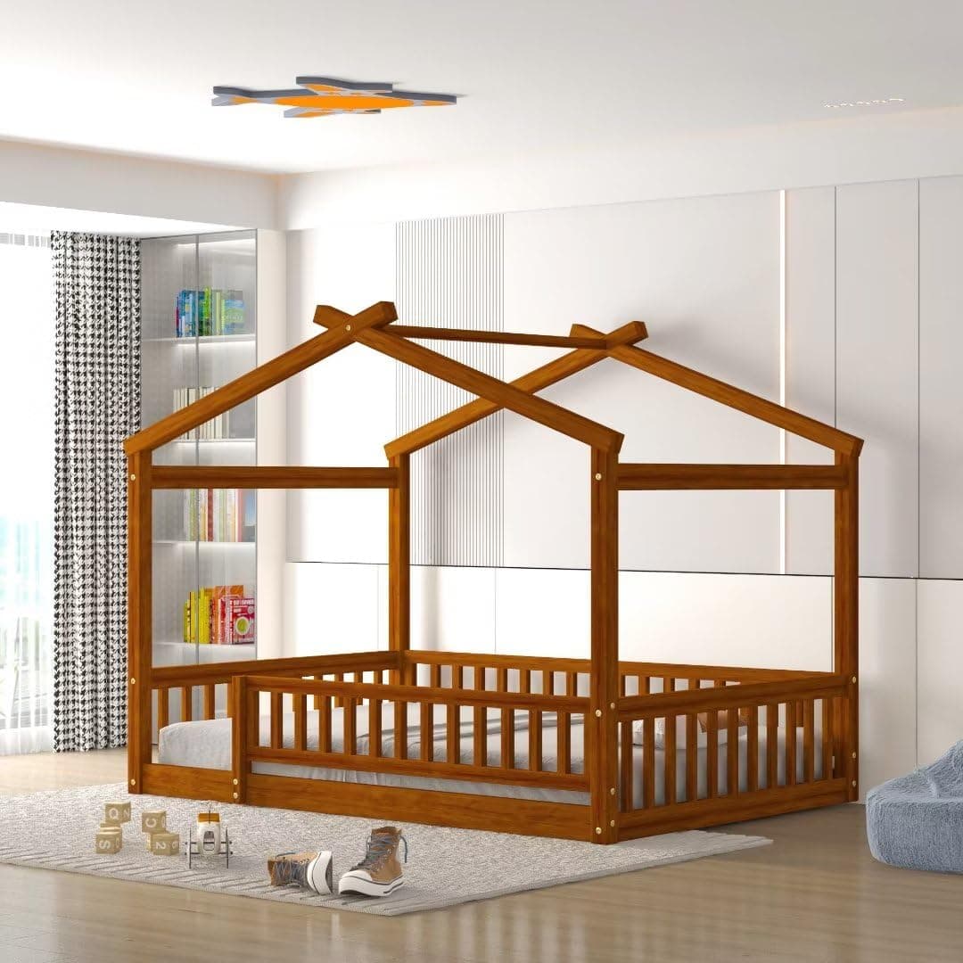 i-POOK Kids Full Size Montessori House Bed with Fence, Roof, Walnut Wood Frame