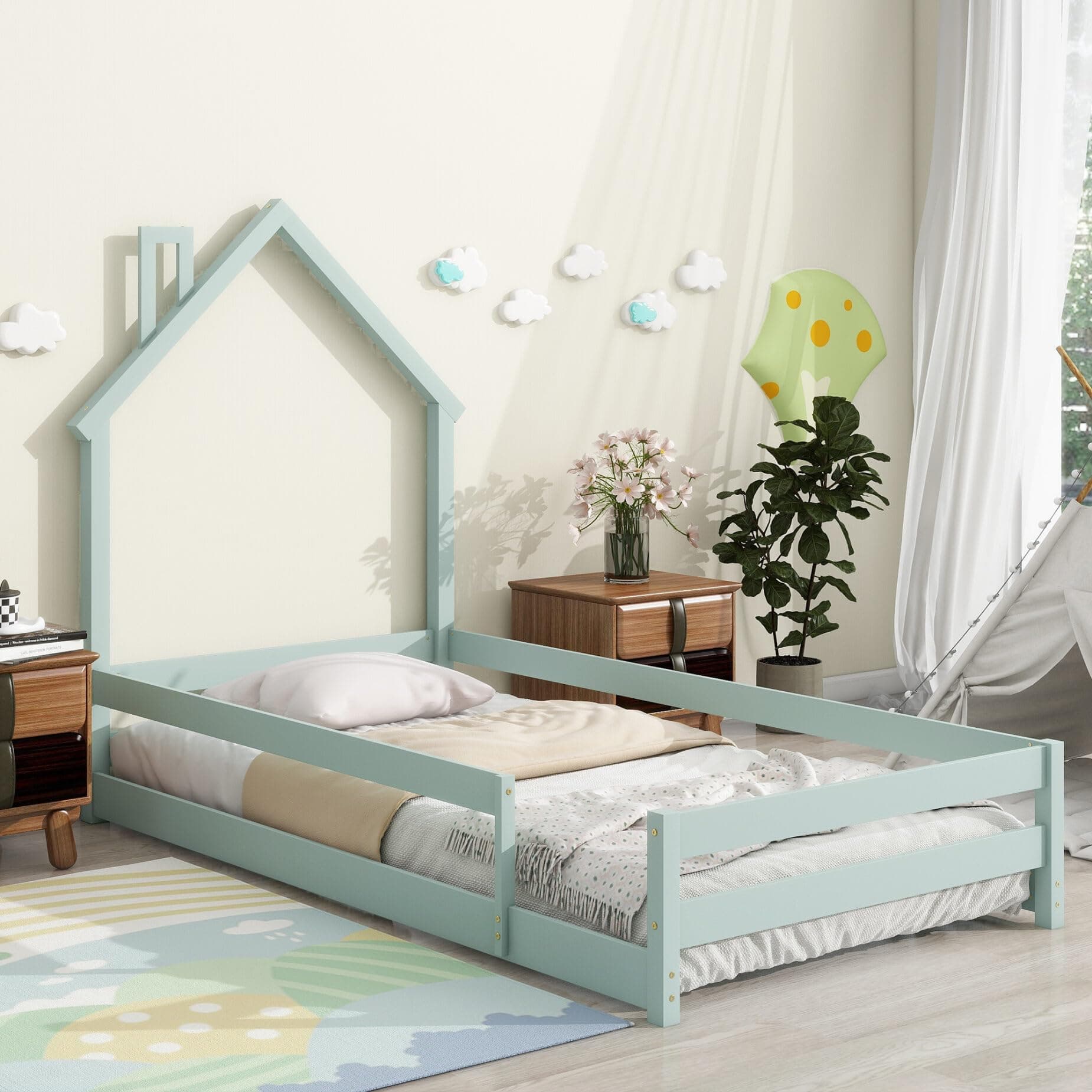 Montessori Twin Floor Bed with House-Shaped Headboard and Fence Guardrails
