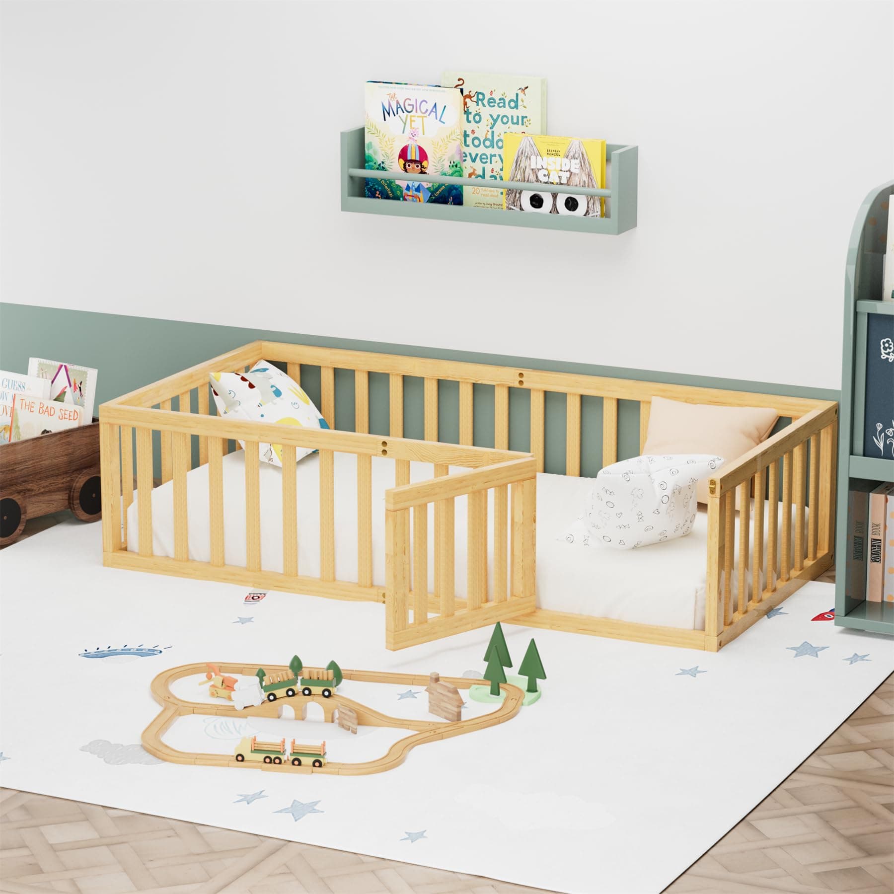Montessori Twin Size Floor Bed for Children, Wood Frame with Fence & Door, Natural Color