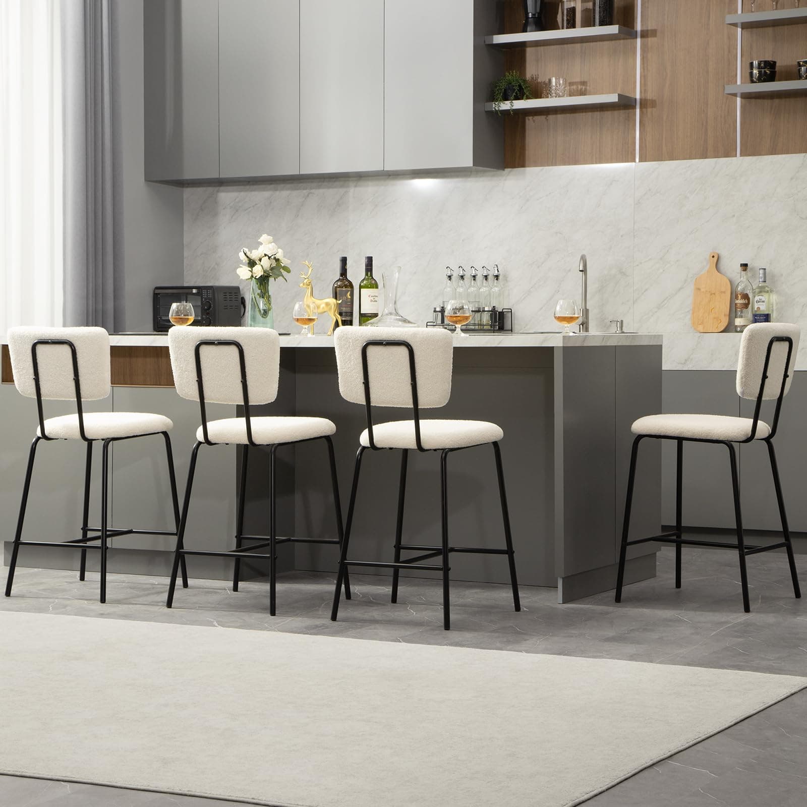Modern White Bouclé Fabric Bar Stool Set - Counter Height Chairs for Kitchen Island