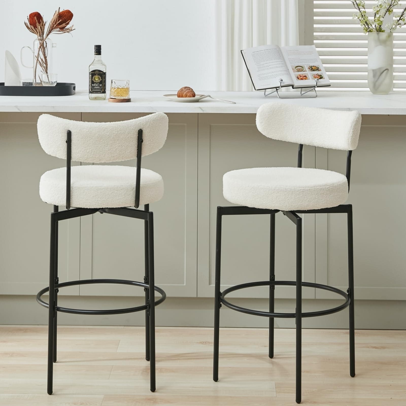 AODAILIHB Sherpa White Tall Kitchen Bar Stool Set (Set of 2)