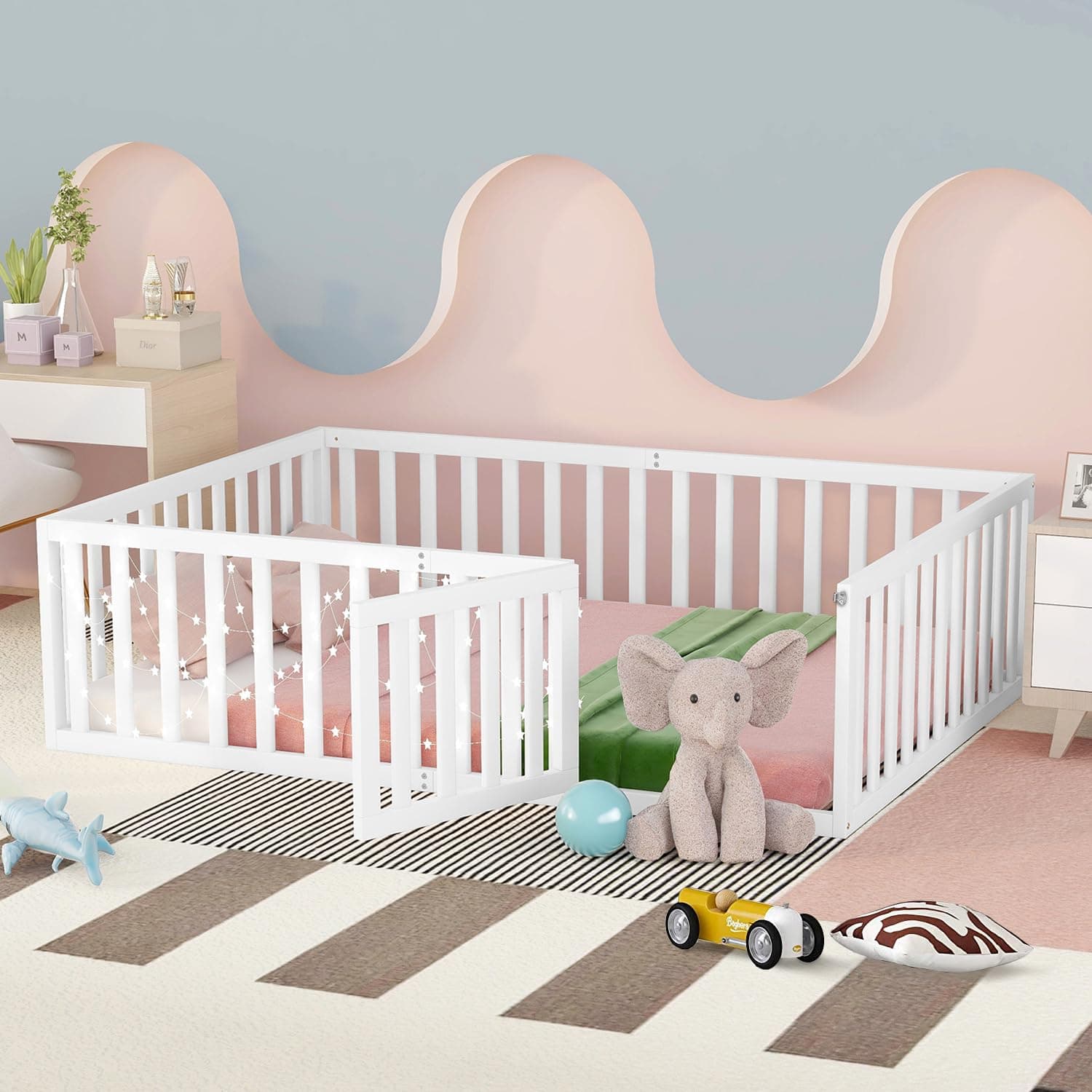 Full Size Montessori Floor Bed for Kids, Sturdy Wood Frame with Fence & Door, White Color (No Bed Slats)
