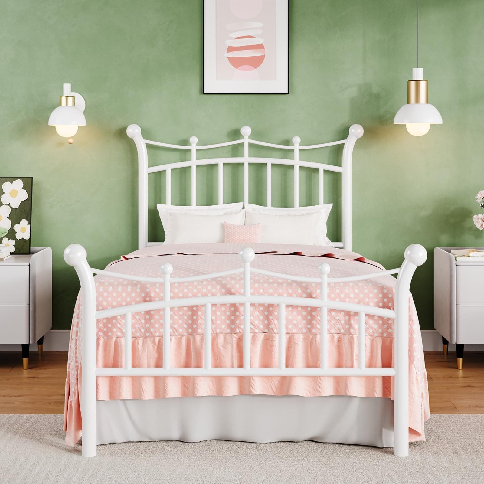 Hombck White Metal Twin Bed Frame with Crown Headboard