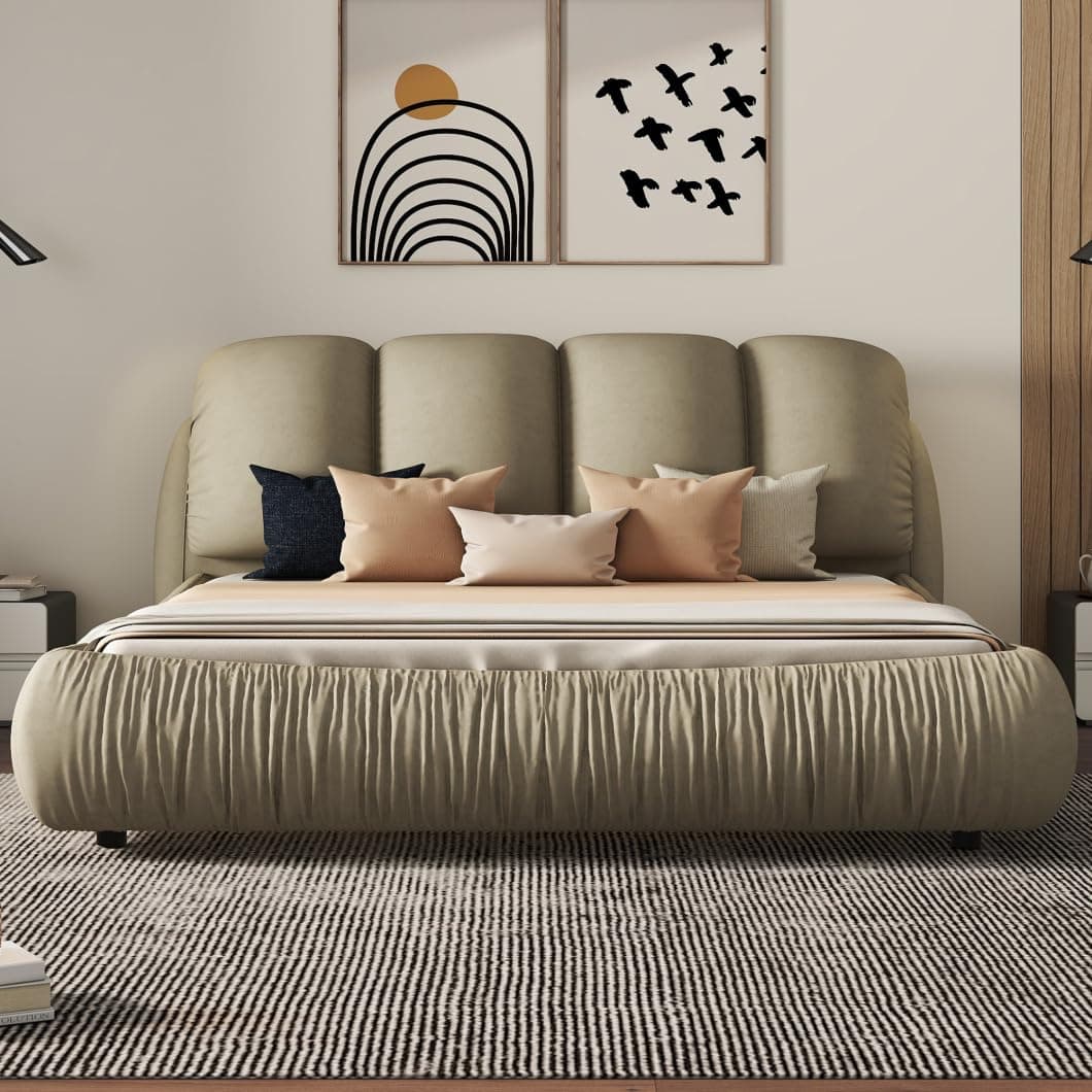 Luxury Upholstered Queen Size Platform Bed, Stone Gray Velvet