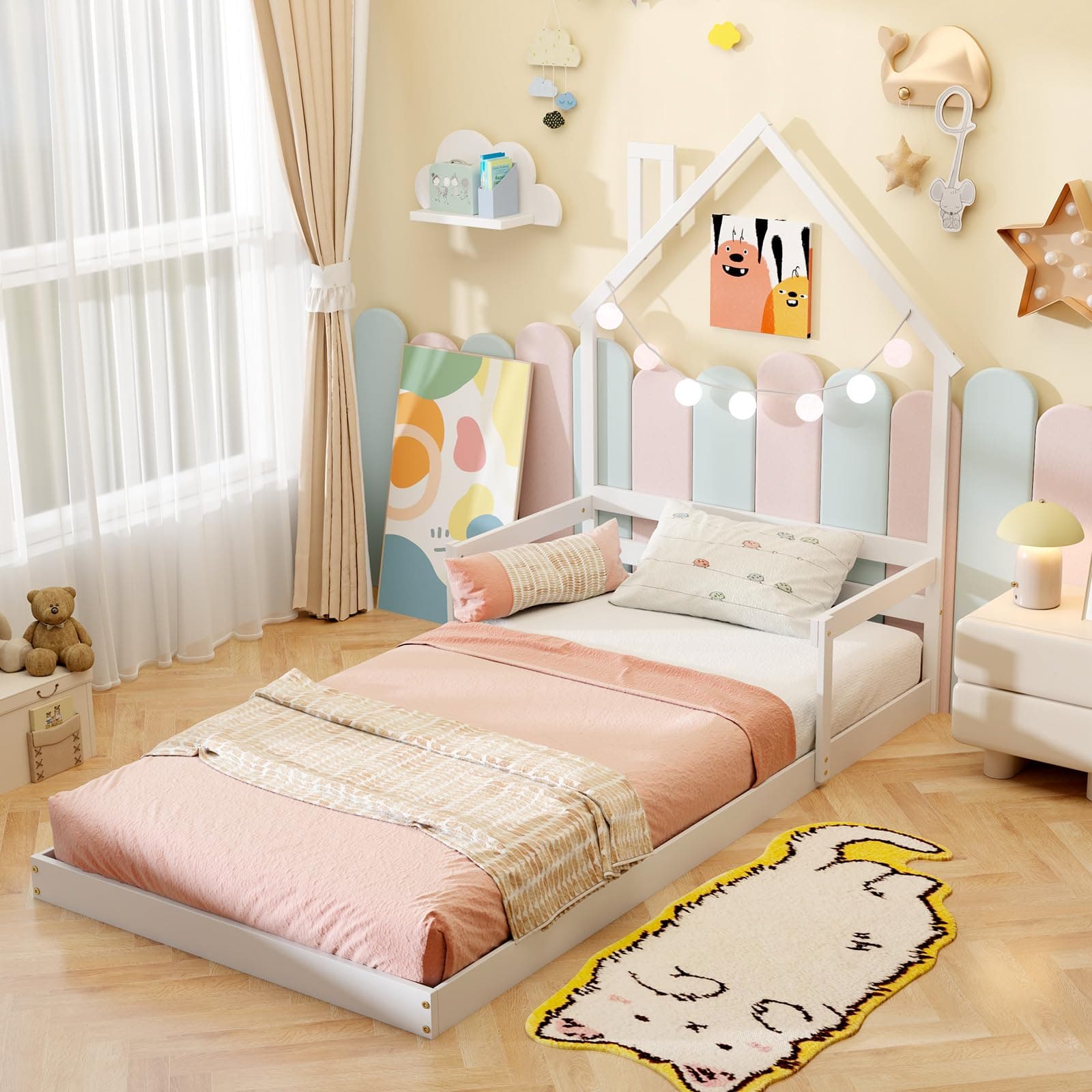 Giantex White Wood Floor Bed for Kids with Chimney Headboard & Handrail