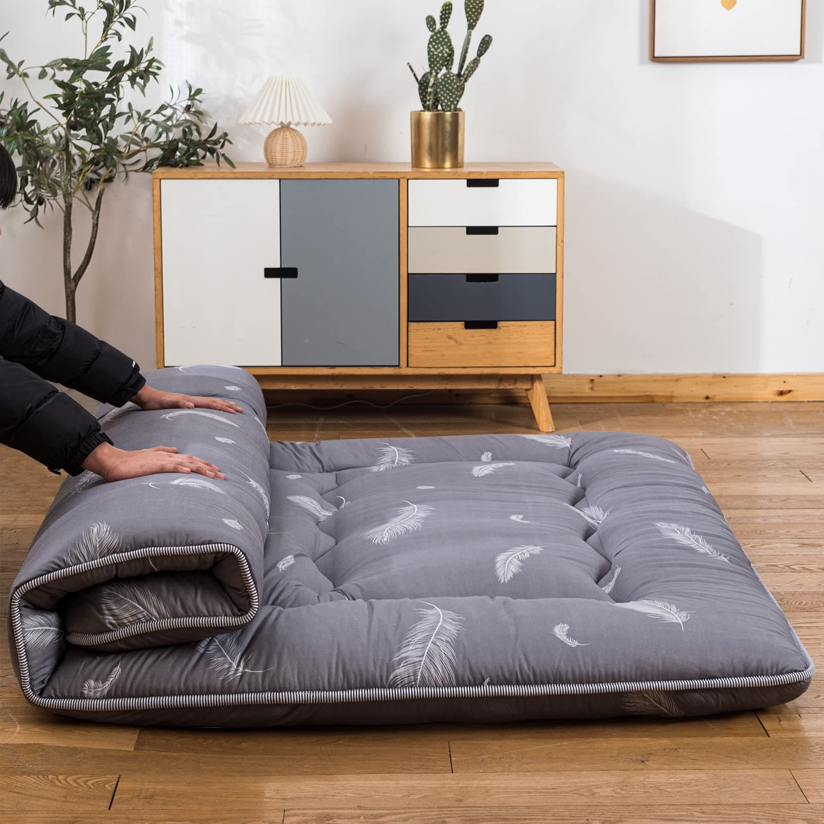 YOSHOOT Grey Feather Futon Mattress, Queen Size, Portable Camping Bed